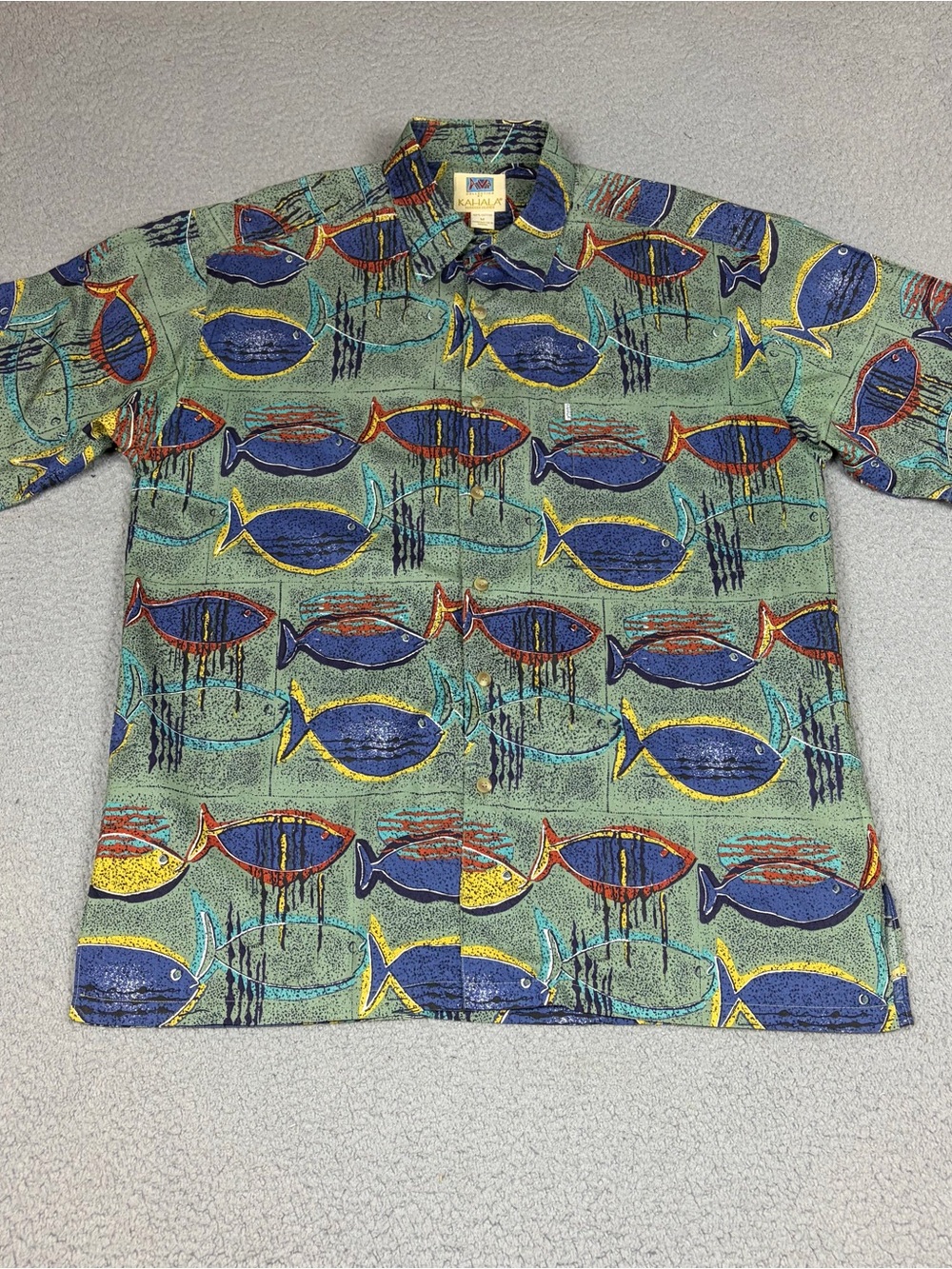 Kahala Avi Hawaiian Shirt Men's Green Fish-Print Short Sleeve Button Up Made USA